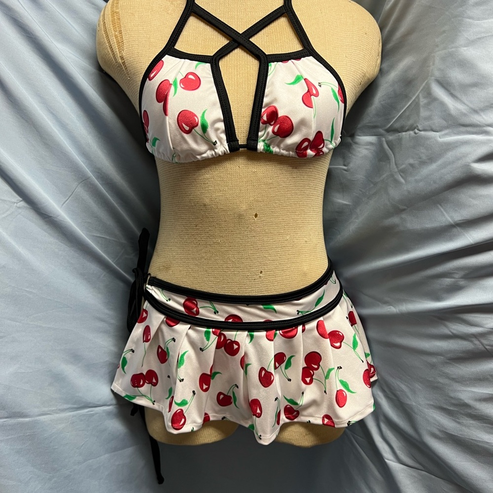 Cherry Print Three Piece Bikini Set